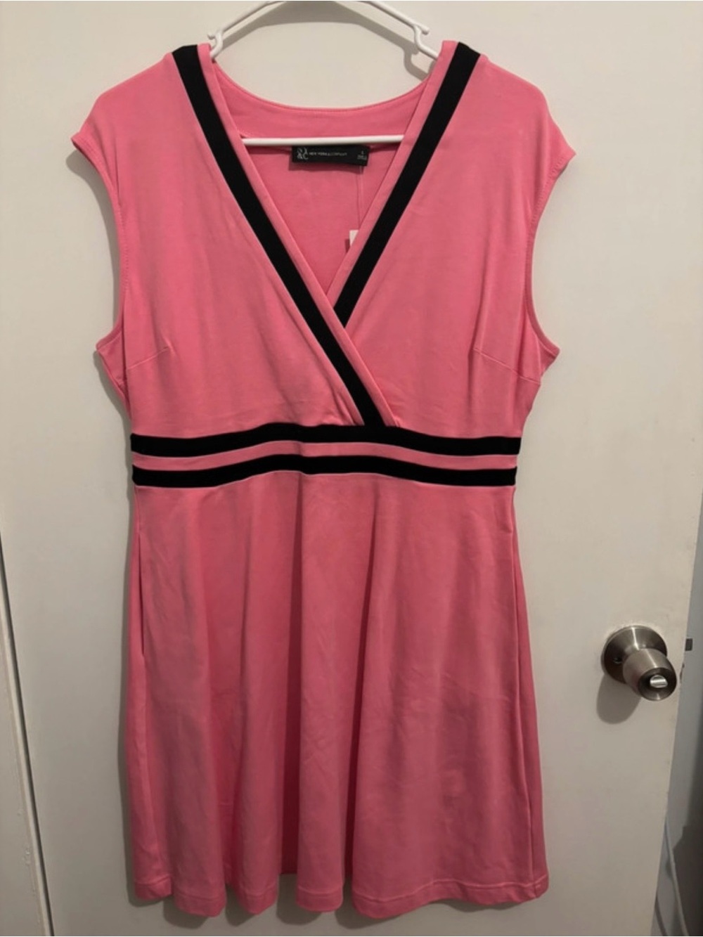 New York & Company Pink Sleeveless V-Neck Dress with Black Trim